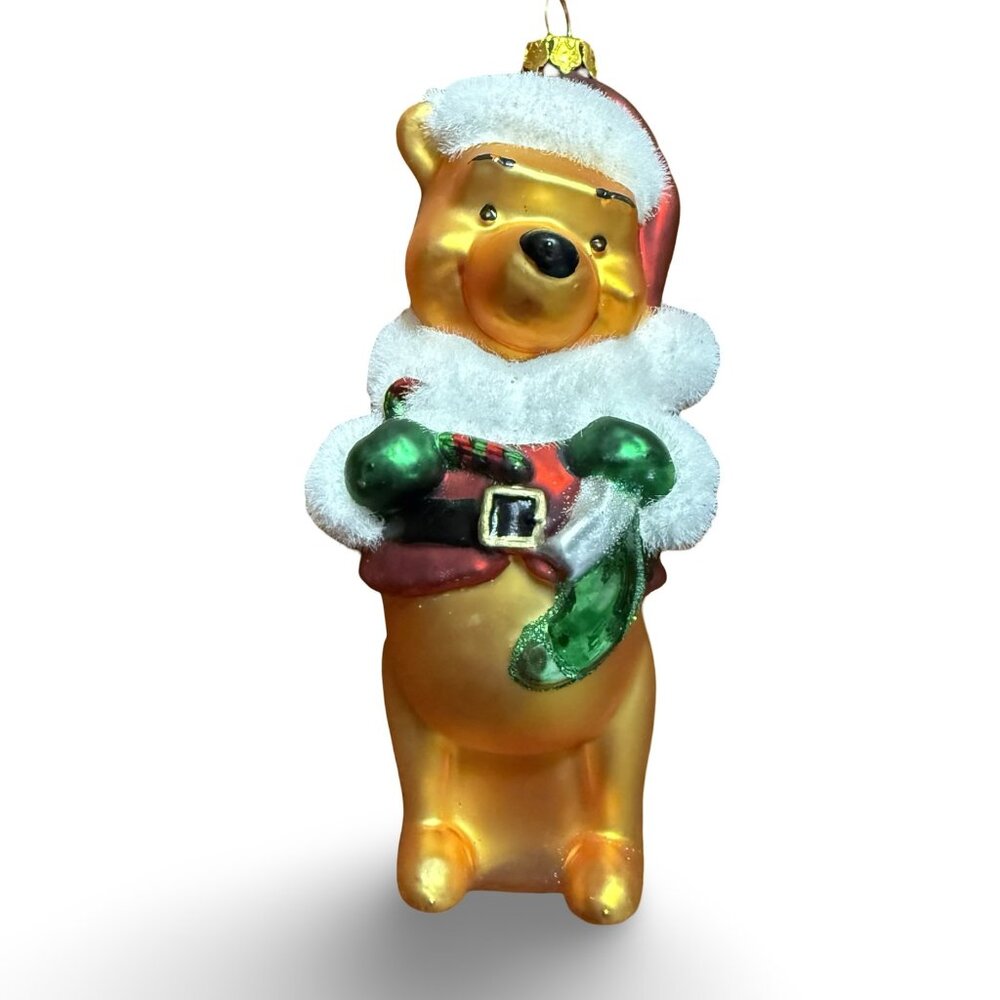 Disney Winnie The Pooh Santa Christmas Ornament Glass‎ Gold Bear 2009 Hallmark